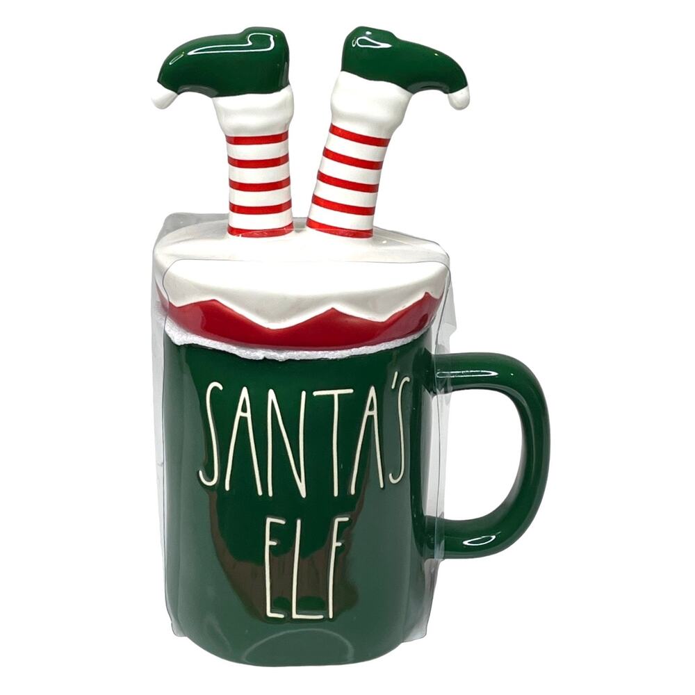 NEW Rae Dunn Santa's Helper Ceramic COFFEE MUG + TOPPER Cover Lid Elf Legs Green